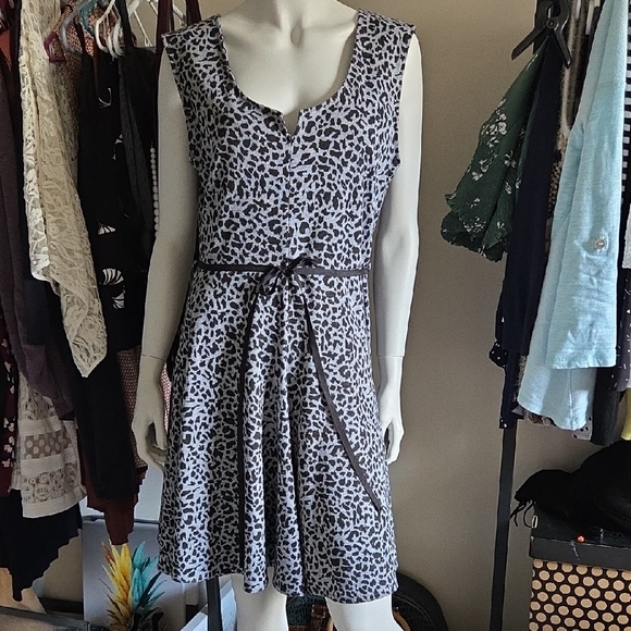 Papillon Gray and Black Knit Animal Print Notched Neck Flared Dress - Picture 1 of 8